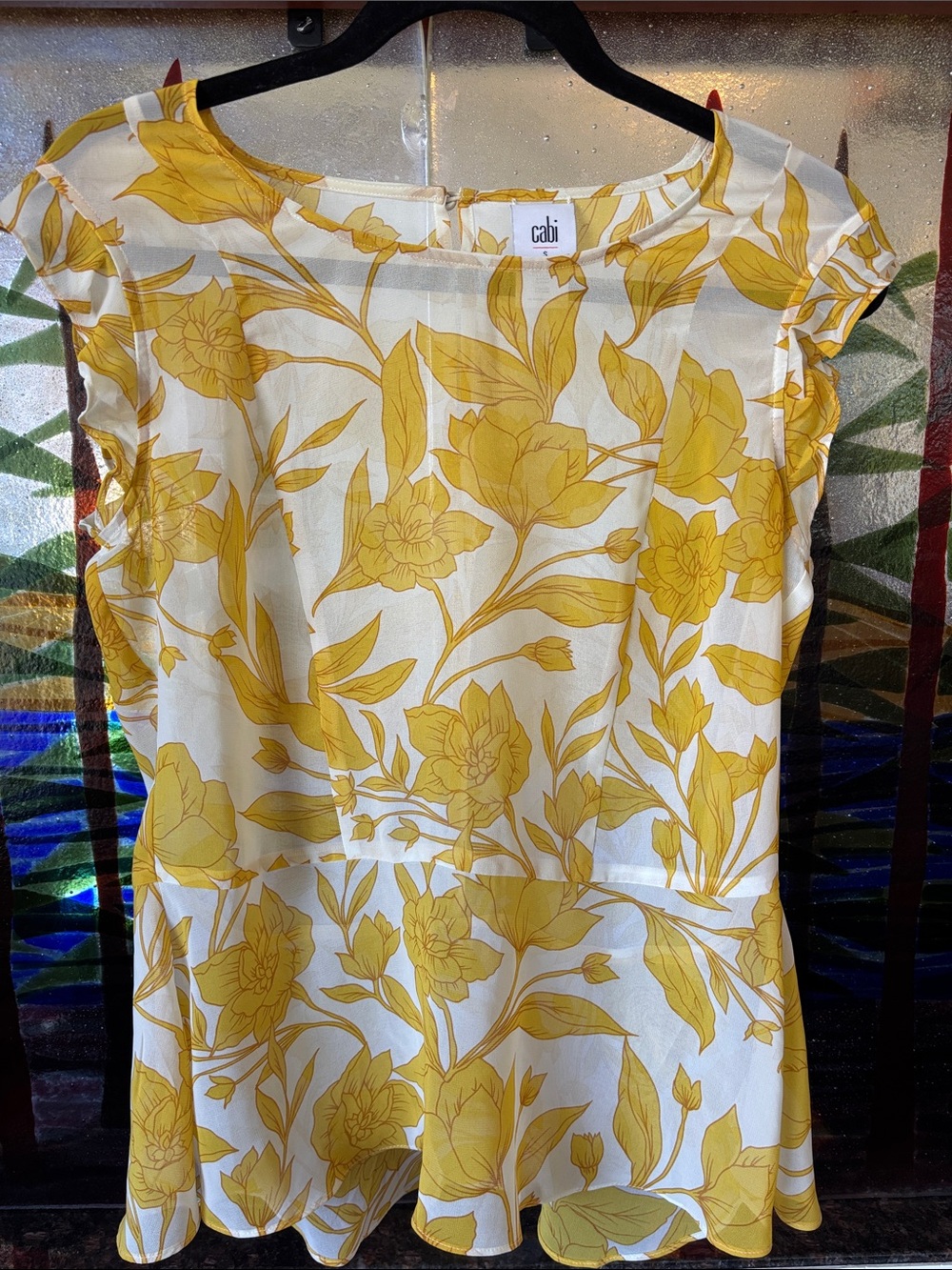 CAbi White and Yellow Floral Cap-Sleeve Dress